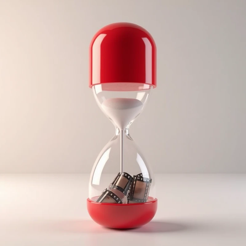 Create an empty red and white hourglass in the shape of a medicine capsule, and inside the hourglass have film strips rolled up.
