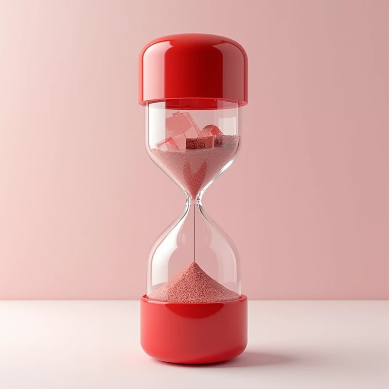 Create an empty red and white hourglass in the shape of a medicine capsule, and inside the hourglass have film strips rolled up.
