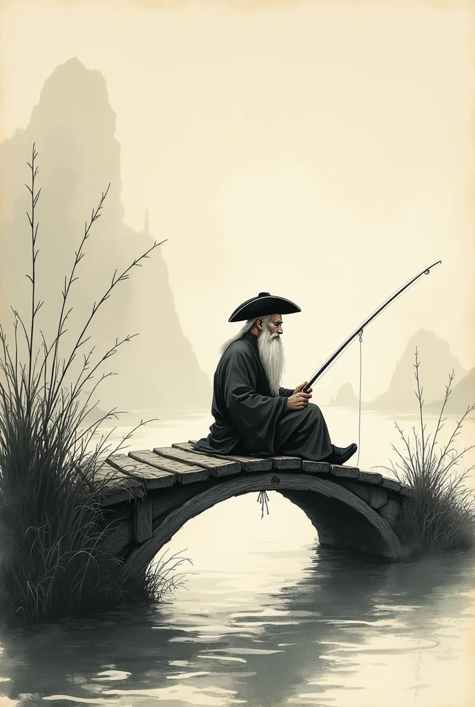 ink painting、River bank、A hermit sitting on a bridge fishing、tricorn hat、long white beard、fishing rod