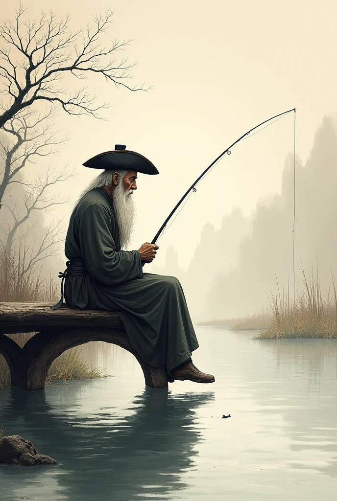 ink painting、River bank、A hermit sitting on a bridge fishing、tricorn hat、long white beard、fishing rod