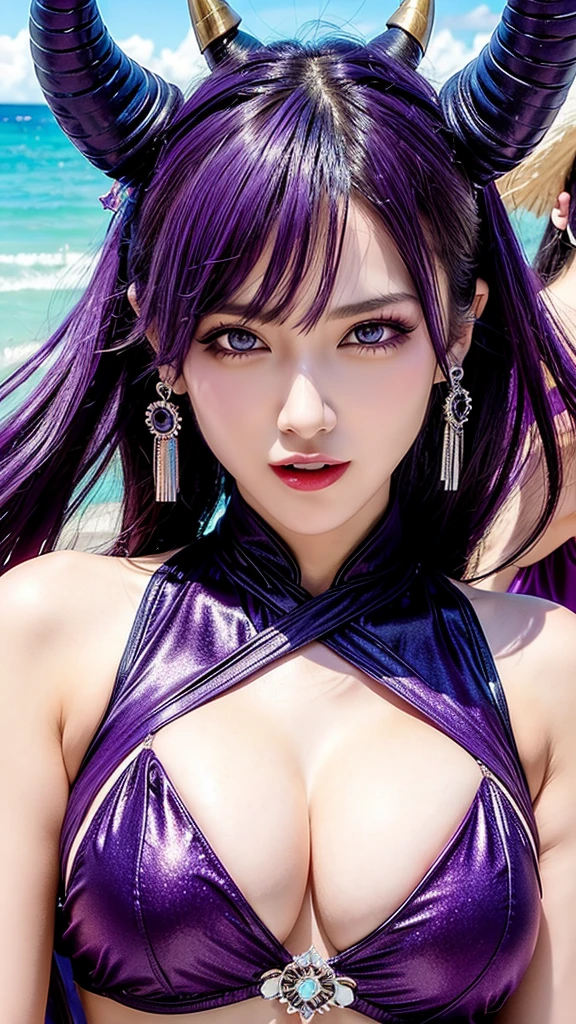 High resolution, ３People Girls, Purple eyes, ponytail, Sticking out tongue, , Highest quality, High-resolution model, Colorful Hair, Large Breasts, Earrings, smile, accessories, Sparkle Effect, abstract, Beach、Pussy line、Seaside Mask, 8k octane, excited, Horns of the beast, 