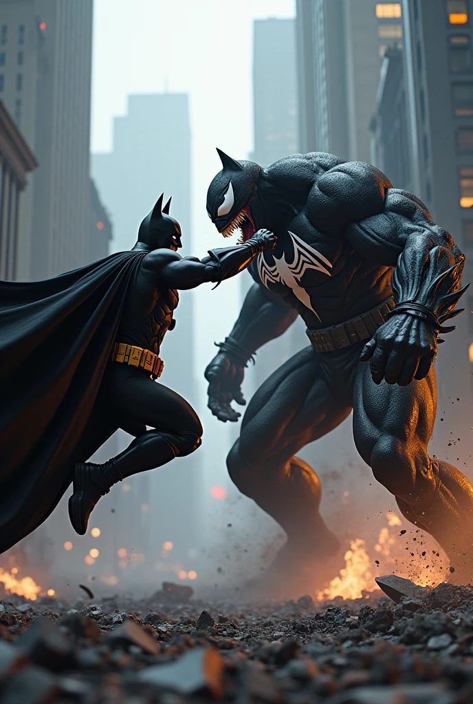 Batman jumping with a strong punch hand to big venom at distroing city