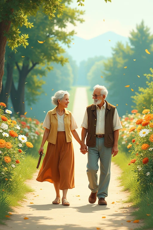 An old man and an old woman are walking hand in hand down a long road。flowers blooming around it。Illustration looking from afar