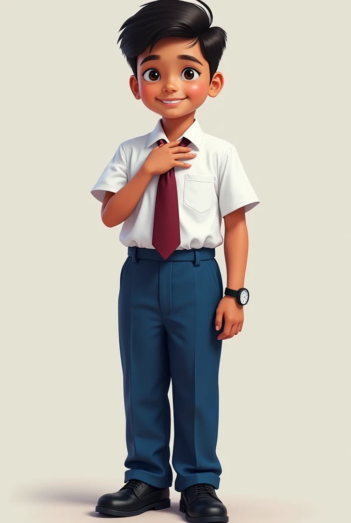 An full body from head to toe tamil origin boy school pupil in Malaysia primary school uniform with white shirt and blue long pants and a maroon necktieplacing right hand on left chest as a symbol of respect have wristwatch left hand on the side smiling face with school boy haircut with black school shoes