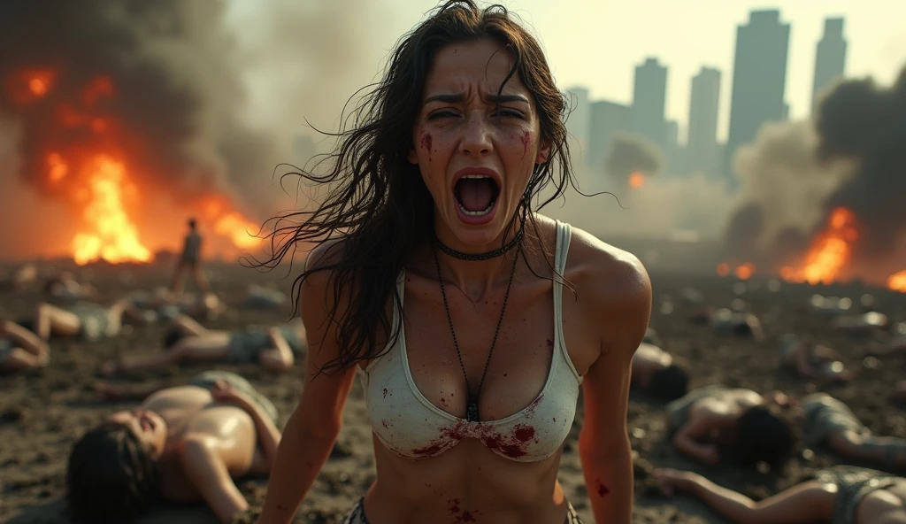 Best quality, masterpiece, ultra high res, photorealistic:1.5, raw photo,ultra reality, sexy woman crying, natural big breast,crazy expressions, sweaty, wet hair, bloody and bruised, barbed wire, white tank top, on the bloody battlefield, explosions, fires, many abandoned human corpses, city background, very realistic