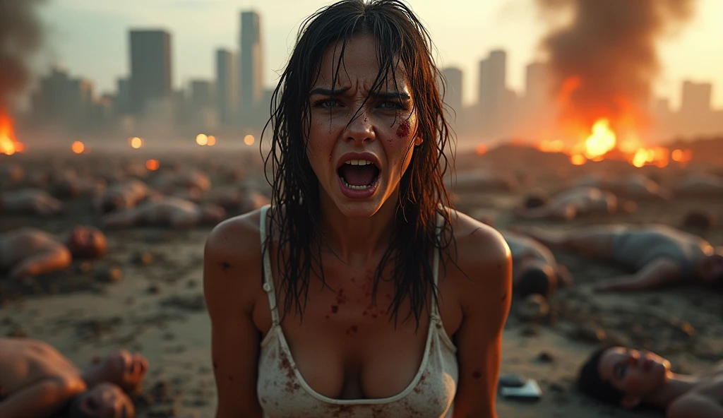 Best quality, masterpiece, ultra high res, photorealistic:1.5, raw photo,ultra reality, sexy woman crying, natural big breast,crazy expressions, sweaty, wet hair, bloody and bruised, barbed wire, white tank top, on the bloody battlefield, explosions, fires, many abandoned human corpses, city background, very realistic