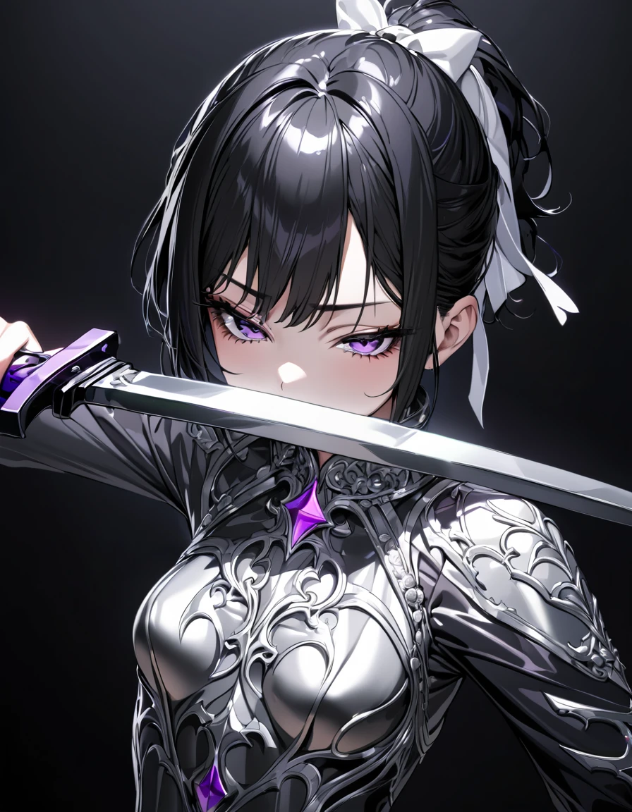 (masterpiece)、(absurdres)、(ultra detailed)、(8k),Anatomically correct,(solo lady,shiny black hair,shiny purple eyes,short highponytail,(1white ribbon;1.1),(small breast:0.9),(silver detailed Gothic dress:1.1),BREAK,black flared skirt,from  front:0.8,Defensive Pose:1.2,Serious,half-closed eyes,Hold the sword sideways to your face:1.1/sword covering on mouth,upperbody shot:1.2,simple darkness background,in the darkness:1.4,
