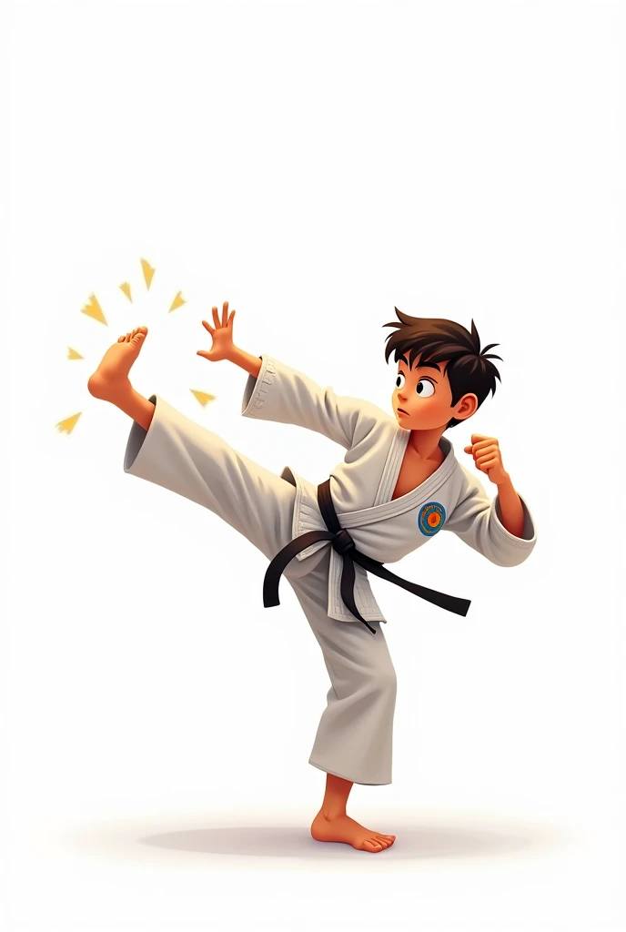 ((officially)) ((masterpiece)) ((Best quality)) ((detailed)) cartoon karate boy in uniform with emblem flag of Kazakhstan makes a kick on white background