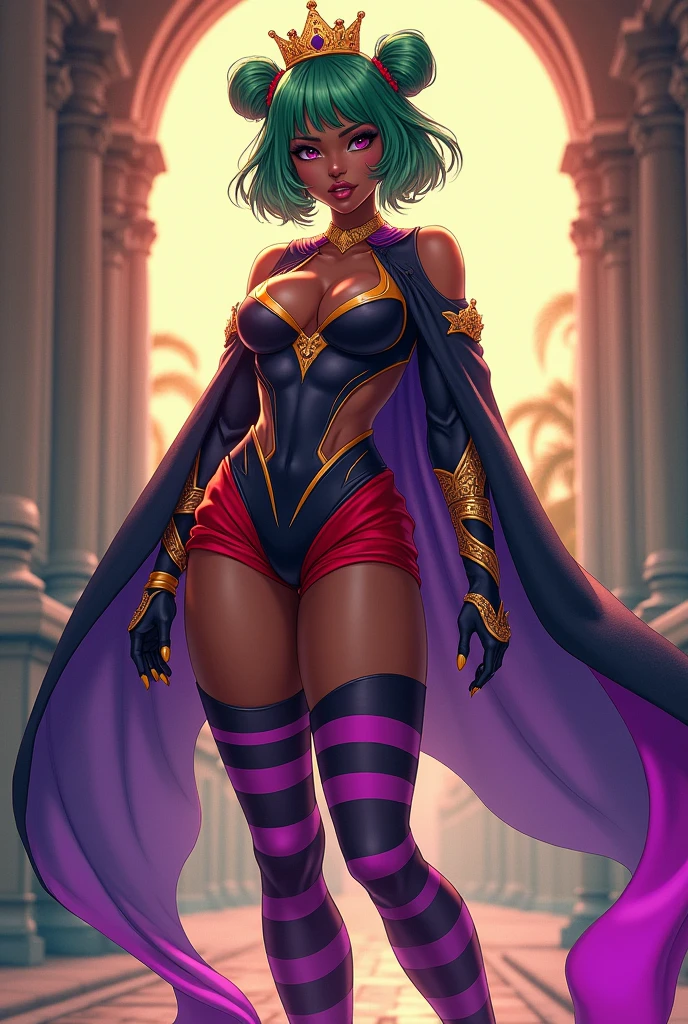 (masterpiece,best quality,absurdres,beautiful,aesthetic,detailed),1girl,dark-skinned female, green hair, blonde hair, short hair, short twintails, mini crown, cape, jumpsuit, long sleeves, high-waist shorts, red shorts, striped thighhighs, shoes, purple footwear full nude tits big ass in sperm