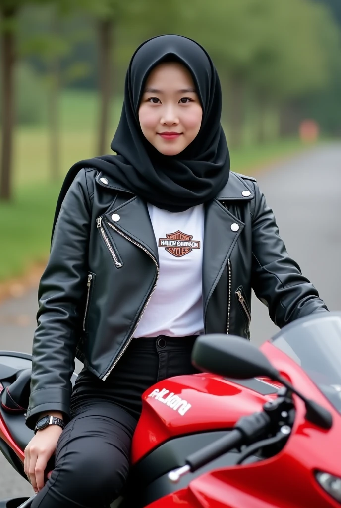 A beautiful Korean girl, smooth white skin, well-groomed face, wearing a black hijab.cropped leather jacket,Harley logo white t-shirt, black cropped pants with lots of pockets,am sitting,hand holding motorcycle handlebar, on a red Kawasaki Ninja ZX-25R motorbike,riding the Kawasaki Ninja ZX-25R .smiled faintly, black cool watch, shoe. shoe boots harley davidson,Background, bokeh, full body original photo, realistic.