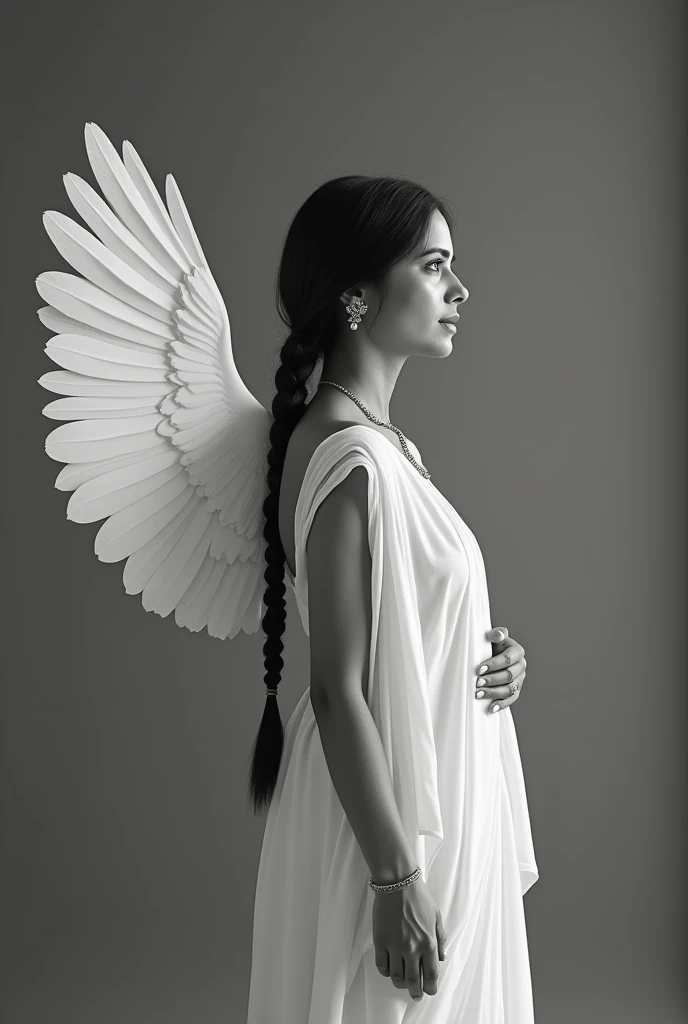 Indian women with single braided hair of age about 33 standing and have white wings at her back
Black and white image