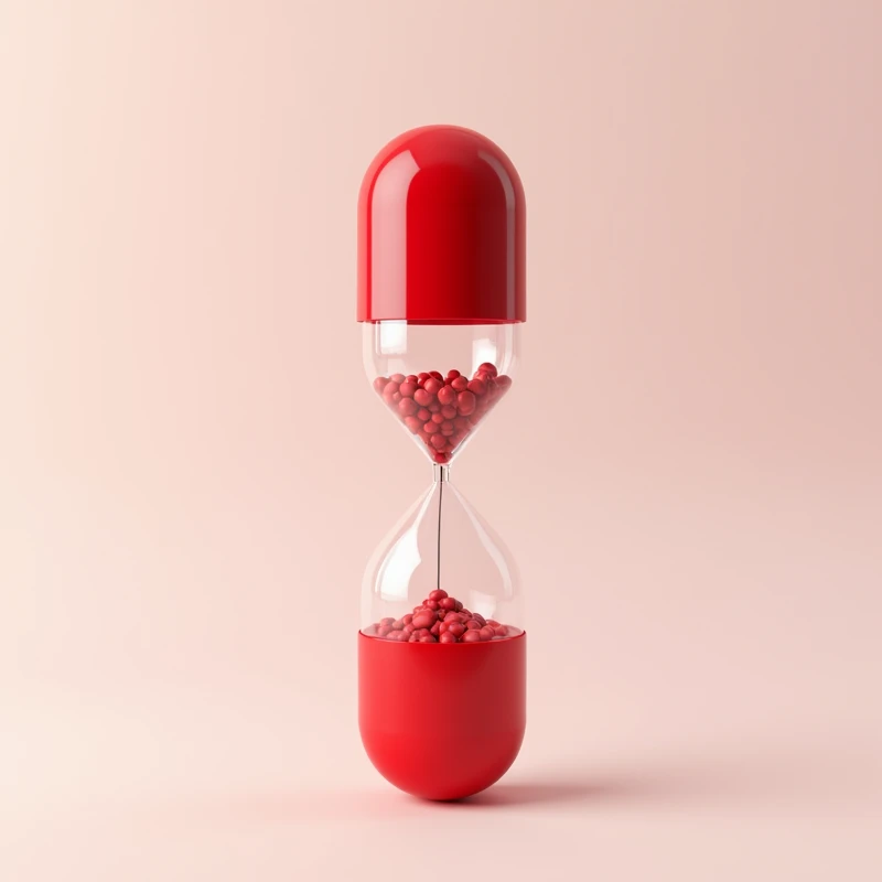 create an empty red and white hourglass in the shape of a medicine capsule, and inside the hourglass there are rolled up film strips.