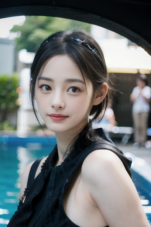 a Close-up portrait of gorgeous smiling cute Japanese woman in a glamorous Fishnet dress outfit, delicate facial features, porcelain-skinned, ponytail, a fusion of young Marion Cotillard's striking eyes and young Anne Hathaway's introspective gaze, long and slender cute face, curved eyebrows, droopy hooded eyes, lower nasal bridge, slim wavy nose, smiling, thin lips, short pixie cut hair, silhouette, bokeh, skylight atrium pool background,  depth of field, photo, film,