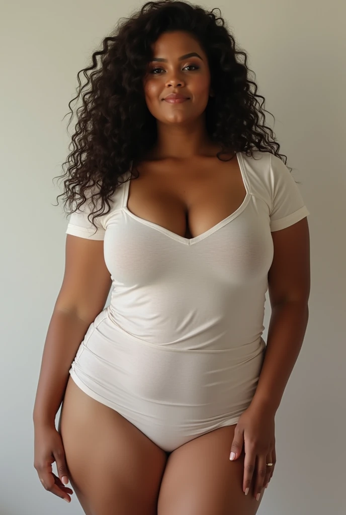 Teen (16 years old) Ebony girl, long curly hair, REALLY huge breasts and thighs, milf, white shirt and black legging, cameltoe pussy, smiling