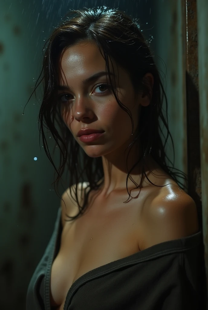 Photorealitic, close up, low angle, seen from below, a girl wears a long-sleeved shirt that is wet and hanging down exposing her (bare shoulders:1.2), she has a slim body with firm, plump breasts, fair and smooth skin, grayish blue eyes, beautiful face, sensual lips, has brunette hair, she is sitting cross-legged in a wet street during heavy rain, she looks freezing and her (body and hair are badly wet), in a foggy atmosphere, photon mapping, dramatic lighting, vivid color tones, aesthetic