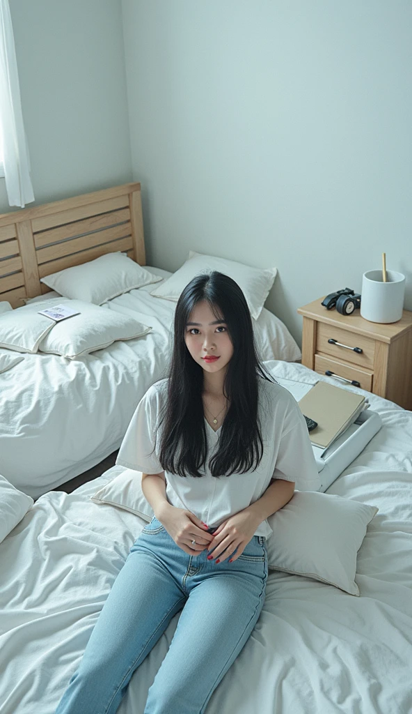 photorealistic image of a woman, ultrarealistic, photography, straight black hair, indonesian woman, small breasts, double eyelids, small messy bedroom, white shirt and jeans