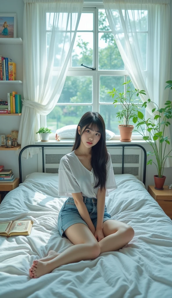 photorealistic image of a woman, ultrarealistic, photography, straight black hair, indonesian woman, small breasts, double eyelids, small messy bedroom, white shirt and jeans