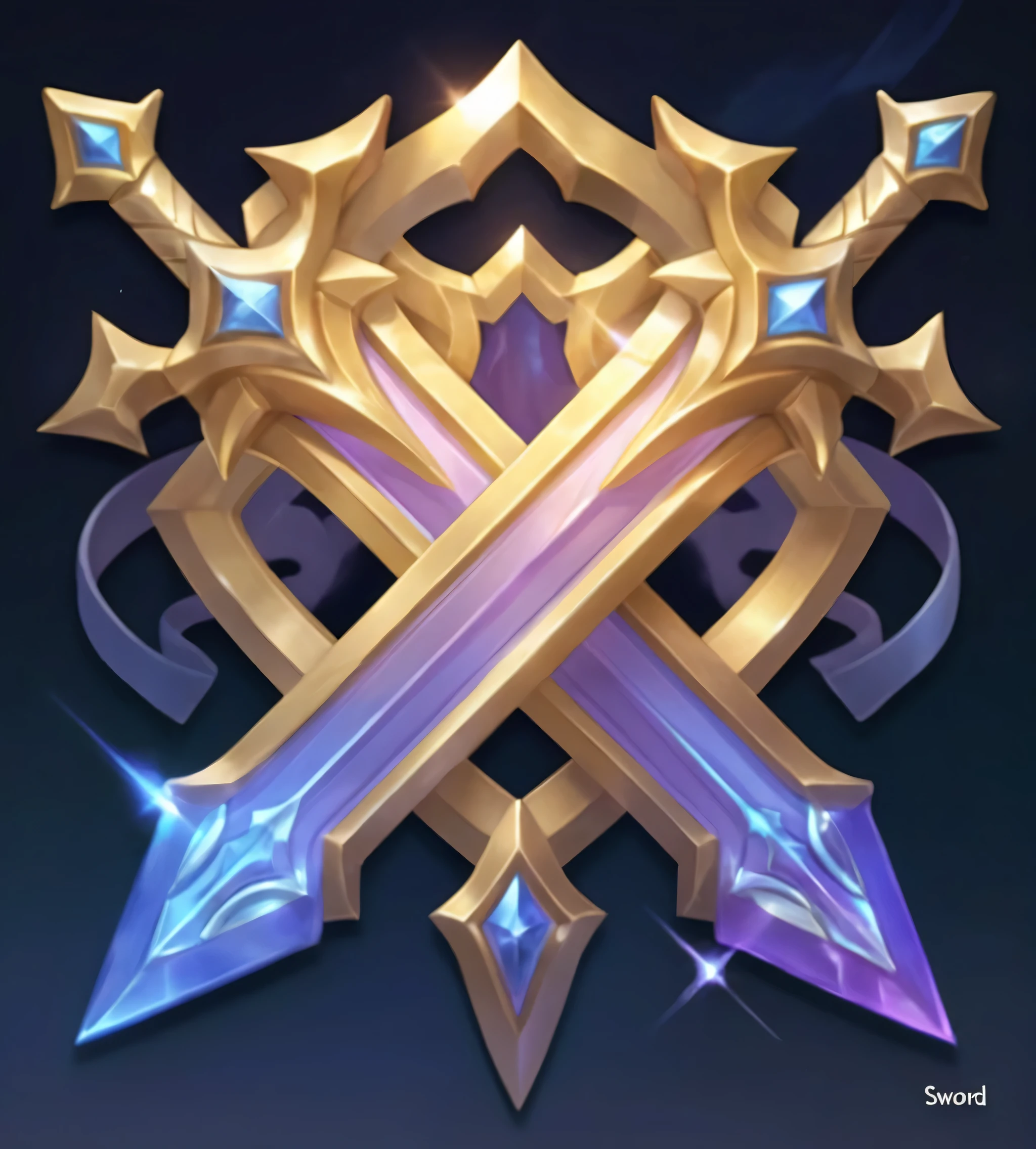 The ability icon of the game League of Legends, called "Sword Dome," is made up of two golden swords crossed in an X shape with blue diamonds at their ends. The background color should be dark navy and light gray to emphasize its appearance. It stands in the top-left corner of the screen. A slight perspective distortion is used for more visual impact. The icon is in a photorealistic style.