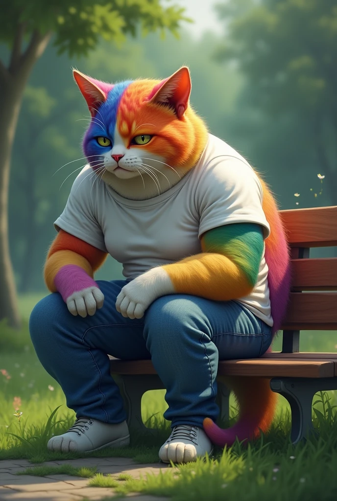 Ek muscular handsome rainbow cat jisne white t-shirts and blue jeans pehni h pehni h wo ghutno k bal betha h Or uske face par udasi h seen me rainbow cat muh niche ki taraf h or wo bhut udas h seen park ka h Or samne bench h Or charo Or ghass