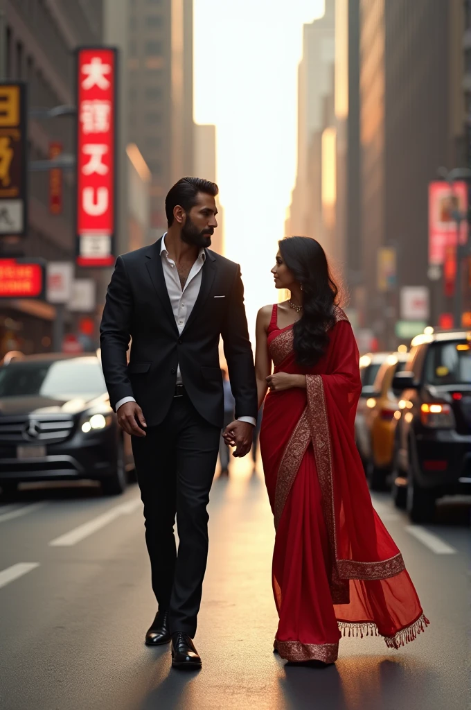 A fair  handsome man with  sexy beard and sixpack holding a hand of a typical Indian fair girl wearing smooth classy saari walking on the street of NYC city 