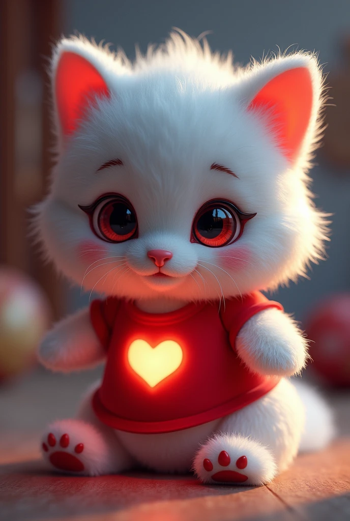 fluffy, White fur, very cute face, Red elements on fur, glowing t-shirt, Beautiful lights and shadows, ambient light, Ultra detailed fur, volumetric light penis