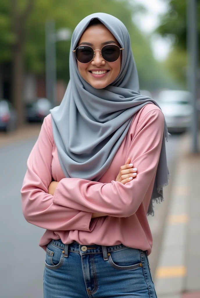 (photorealism:1.2), (realisme)
A beautifull Indonesian young women, red hijab, sunglasses, A long sleeves white Blouse, a ripped jeans, standing smyling thinly to camera. In indonesian August events, carnivals, audio parades, realistic, blue sky, bagdrop agustus event, close up, upper body, full suny, relaxe pose, relase photo, photoshoot, realistic, 5D, 8K