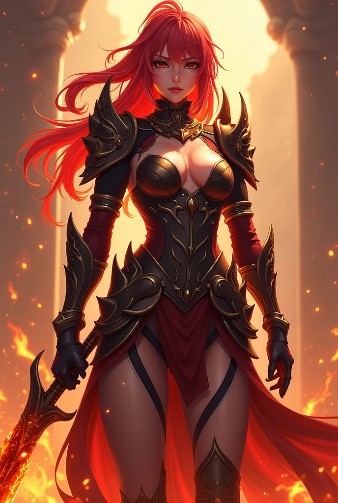 Mavuika from genshin impact, add more armour to look like a warrior, less revealing clothing, glowing red hair, claymore weapon,  covered skin, chest plate, less revealing skin, smaller shoulder pad, inner cloth, armor blazing with fire
