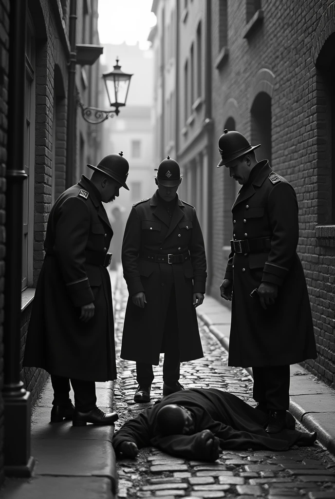An old black-and-white crime scene photo from the 1880s showing three British police officers investigating a body found in a London alley.