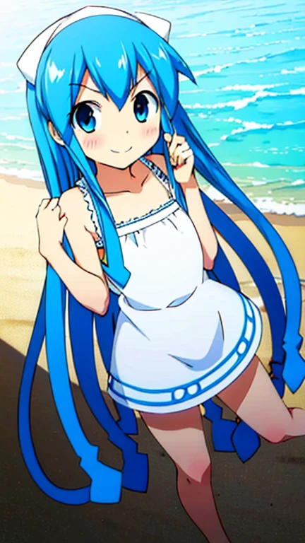 (1girl, solo, highly insanely detailed, masterpiece, top quality, best quality, highres, 4k, 8k, RAW photo),((innocent look)),((Childish)),From the front, symmetrical composition,smile,cute,Innocent,Kind eyes,Flat chest,fairy_tail_style, beach, (ikamusume), (blue eyes, blue hair, dress, long hair, tentacle hair),