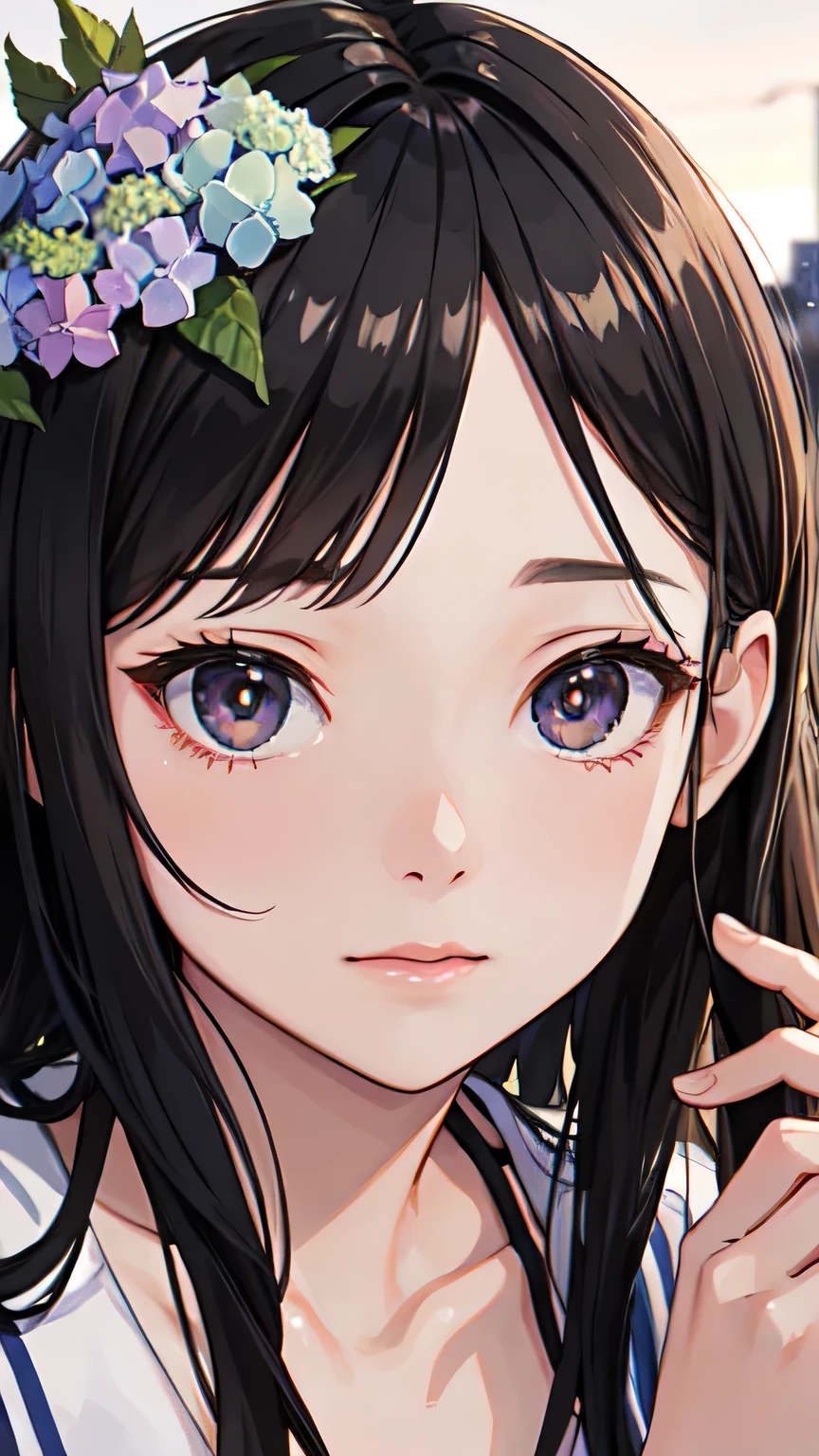((Highest quality)), ((masterpiece)), (detailed), One beautiful girl,Almond Eye,City at Dusk、We walked together, holding hands and looking at the hydrangeas, Your voice still rings out, In the memories of a distant day,Close up of face