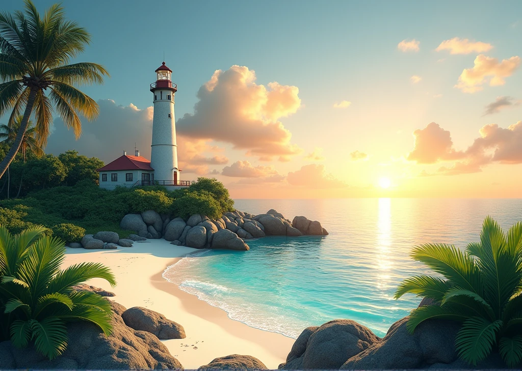 Sea with the rising sun、Cape with a view of the lighthouse、Marine blue, crystal clear sea、White sand beach、Tropical plants、Calm sea、The sun shines on the sky, turning it from orange to deep blue.、Realistic depiction