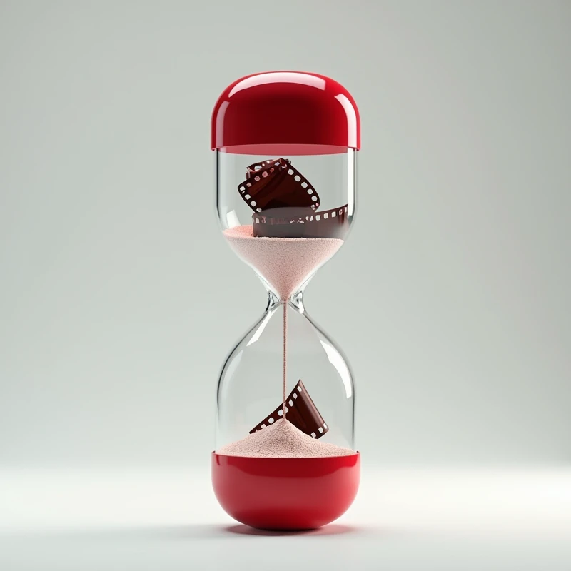 create an empty hourglass, red and white in the shape of a medicine capsule, and inside the hourglass there are rolled up film strips.  no sand in the picture