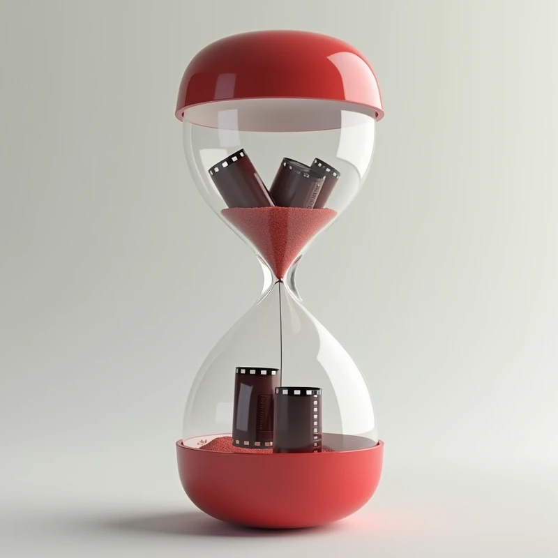 create an empty hourglass, red and white in the shape of a medicine capsule, and inside the hourglass there are rolled up film strips.  no sand in the picture