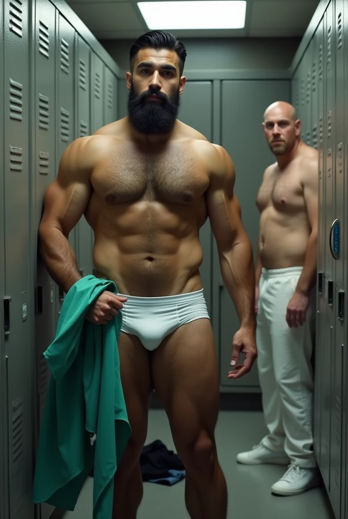 A handsome, hairy, bearded, muscular Puerto Rican man in white underwear with a pair of green surgical pants in his hand, open closet, small changing room, with a very fat man in the background, baldie, standing watching him, wearing no shirt, wearing white pants and white shoes. Surrounded by gray cabinets. Black shirt and blue jeans on the floor.