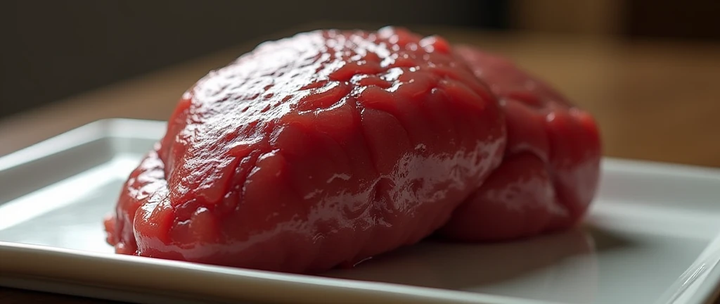 Liver of living creatures、Lump、rectangle、It's red, shiny and bumpy.tRite、It's on a plate