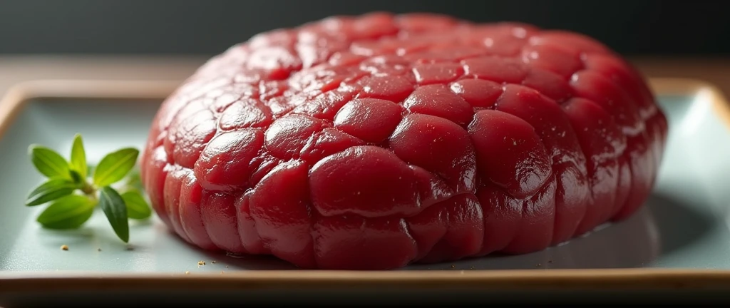 Liver of living creatures、Lump、rectangle、It's red, shiny and bumpy.tRite、It's on a plate