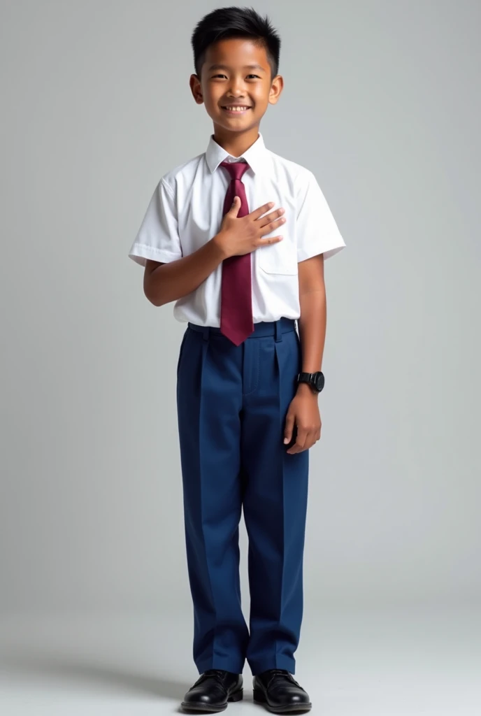 An full body from head to toe tamil origin boy school  in Malaysia primary school uniform with white shirt and blue long pants and a maroon necktieplacing right hand on left chest as a symbol of respect have wristwatch left hand on the side smiling face with school boy haircut with black school shoes
