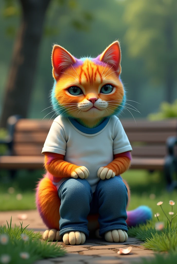Ek muscular handsome rainbow cat jisne white t-shirts and blue jeans pehni h pehni h wo ghutno k bal betha h Or uske face par udasi h seen me rainbow cat muh niche ki taraf h or wo bhut udas h  seen park ka h Or samne bench h Or charo Or ghass 3d image