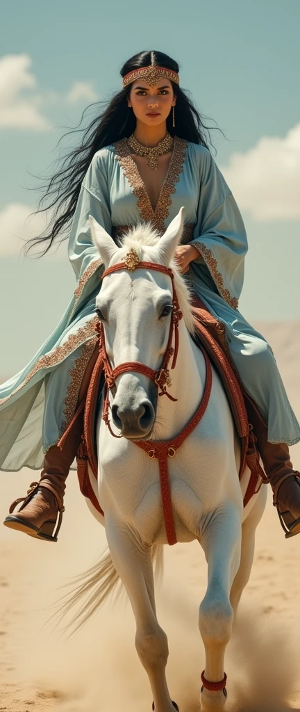 Woman ride White horse, harness, red bridle, hand hold red reins , red saddle, stirrup , running sand ride White horse,Front view , exotic Persian girl is 20 years old, (Black hair ,long hair, Brown eye, Her eyes were outlined with kohl:1.3) , little Lips, serious, head band jewel), (big breasts, wide hip), (She wore a knee-length  light blue gorgeous design gown adorned with intricate embroidery, complemented by gold bangles and necklaces. A second, longer shawl covered her head and shoulders, framing her face like a white see-through veil), ((Surrealism, Verism, UHD, retina, masterpiece, anatomically correct, accurate, textured skin, super detail, high details, high quality, best quality, highres, 8k))
