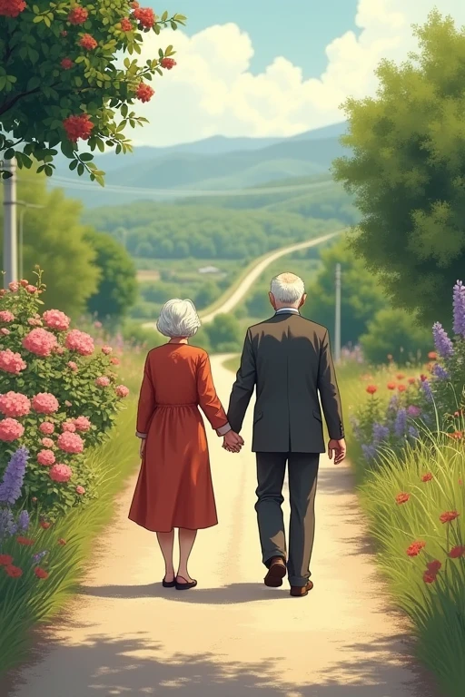 An old man and an old woman are walking hand in hand down a long road。There are many beautiful flowers blooming around。Back view。Illustration looking from afar