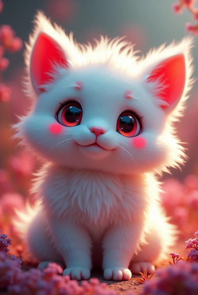 fluffy, White fur, very cute face, Red elements on fur, glowing t-shirt, Beautiful lights and shadows, ambient light, Ultra detailed fur, volumetric light