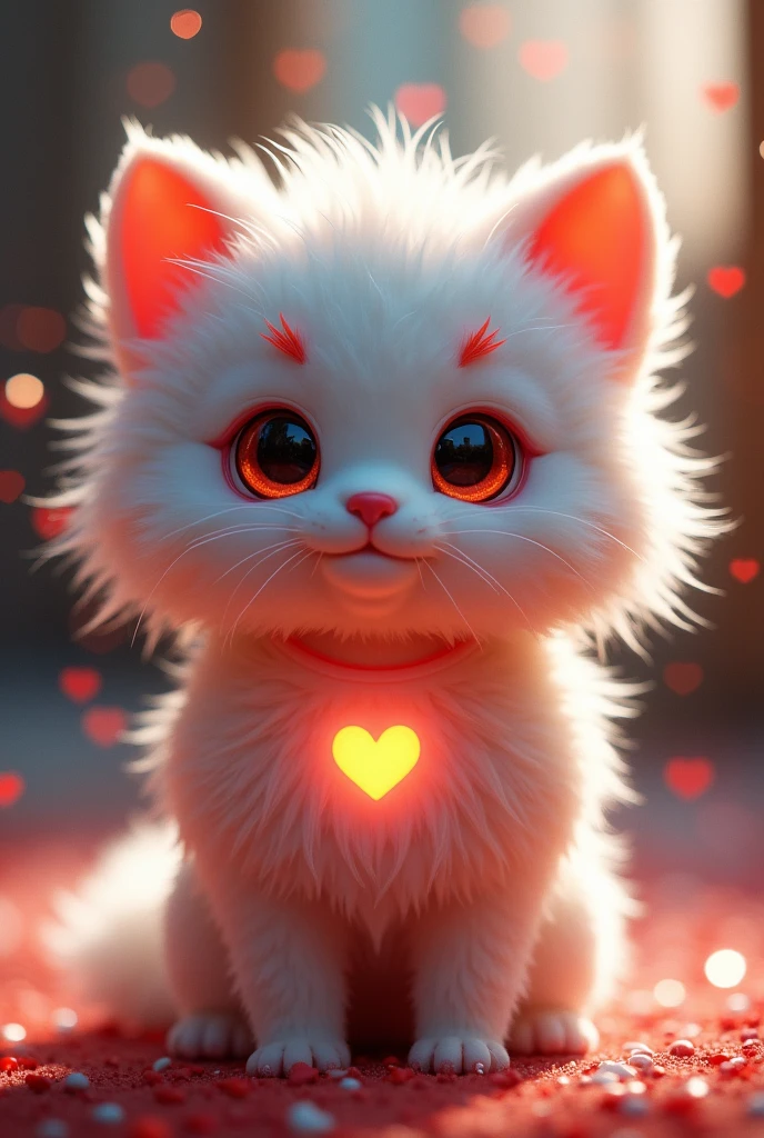 fluffy, White fur, very cute face, Red elements on fur, glowing t-shirt, Beautiful lights and shadows, ambient light, Ultra detailed fur, volumetric light
