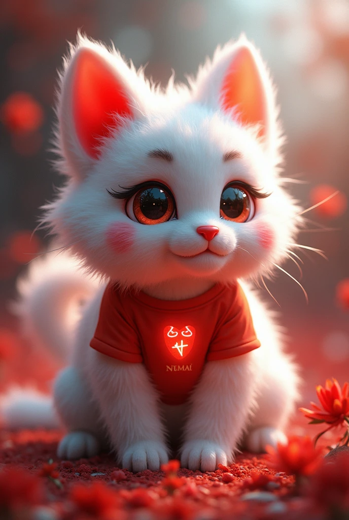 fluffy, White fur, very cute face, Red elements on fur, glowing t-shirt, Beautiful lights and shadows, ambient light, Ultra detailed fur, volumetric light
