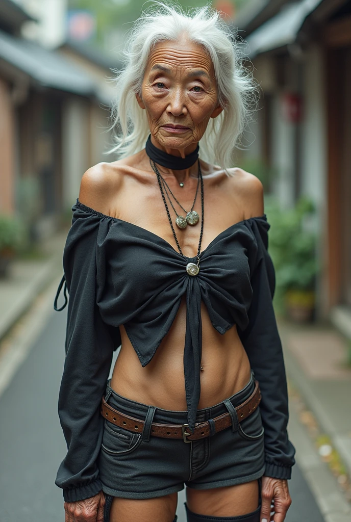 Japan 100 years old old woman aging elderly person aged face gal to off-shoulder、Micro Mini Skirt、Breast implant surgery from a grandma gal wearing thigh-high boots