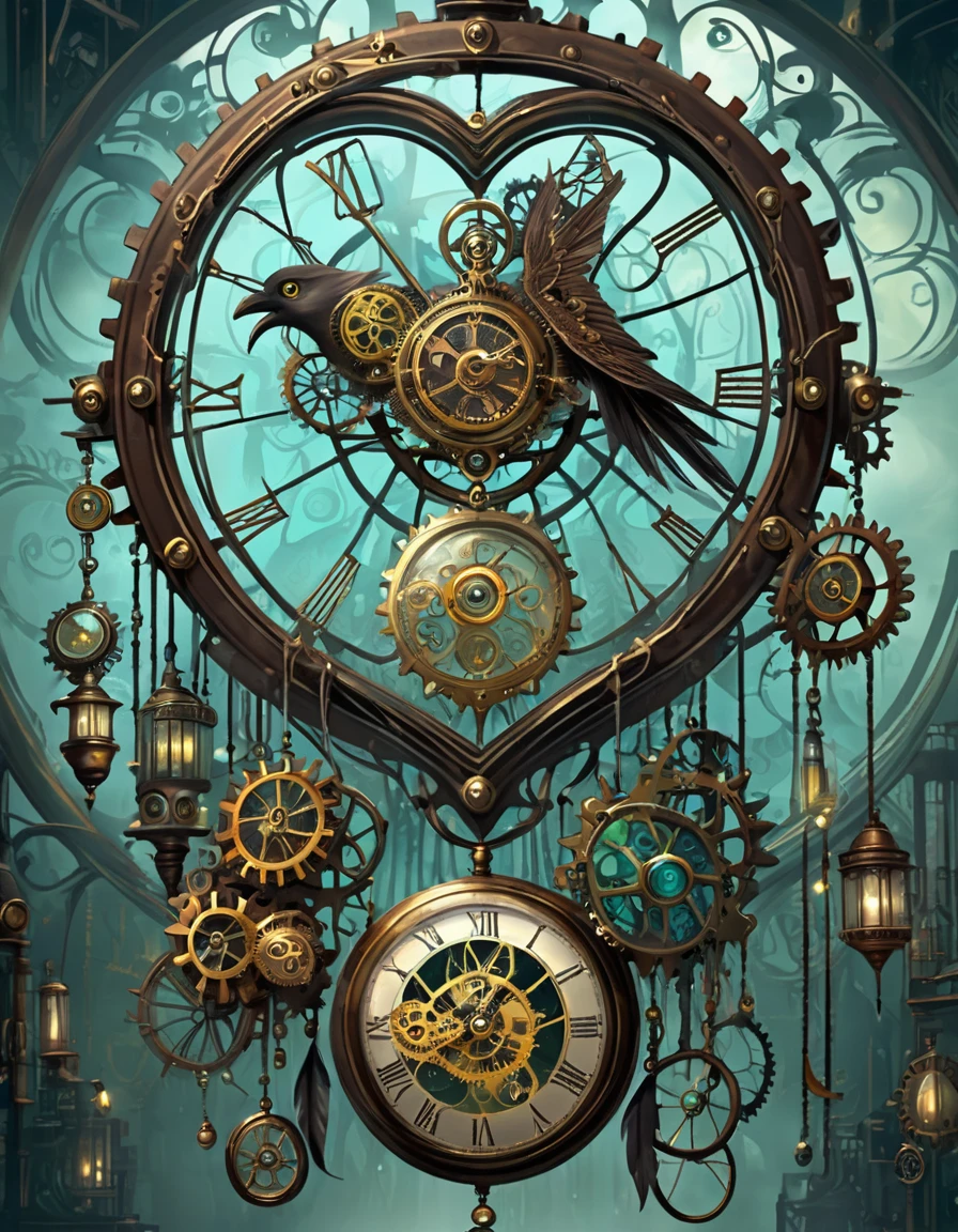 ```
"Steampunk Dreamcatcher, Haunted Clockwork Factory, Whirring Gears, Flickering Lanterns, Cogwheel Creatures, Ghostly Apparitions, Ethereal Mist, Forgotten Inventions, and a Mysterious Timekeeper with a Pocket Watch Heart"
```