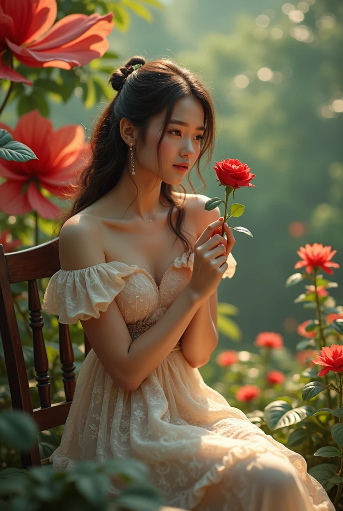 A young woman sitting on wood chair, in nature, beautiful dresses, big red and green plants and flowers, 8 k quality, in hand 🌹