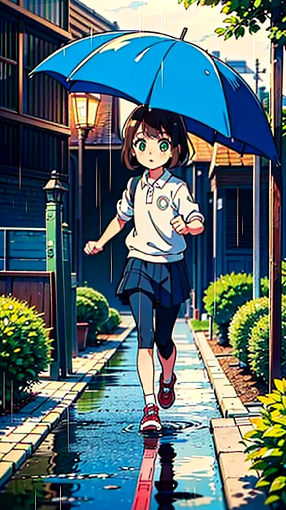 ((high quality)), ((masterpiece)), 8k, 10 year-old girl, light rays, extremely detailed, 8k wallpaper, ((full body)), running under the rain, (background european city), kawaii, cute girl, brown hair, chanel short hair, green eyes, tiny girl, children, kid