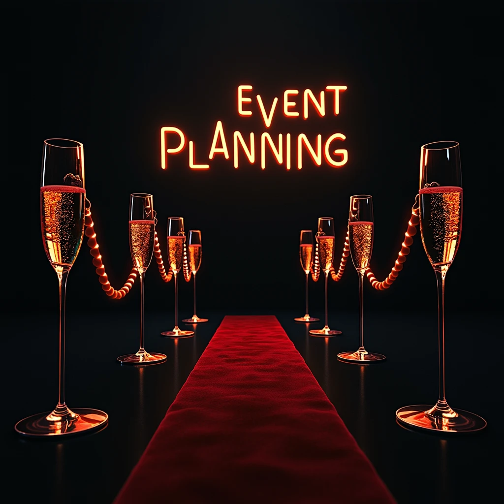 Create a luxurious event scene for whiskey featuring a glowing neon 'event planning' sign as the centerpiece. The sign is illuminated in a vibrant orange hue, casting a warm light across the scene. A red carpet runs down the center, flanked by tall champagne glasses filled with sparkling champagne. The glasses are elegantly arranged in a row on either side of the carpet, with neon ropes glowing in the same vibrant orange, creating an exclusive and sophisticated atmosphere. The background is dark, enhancing the glow of the neon elements and adding to the opulent, high-class ambiance