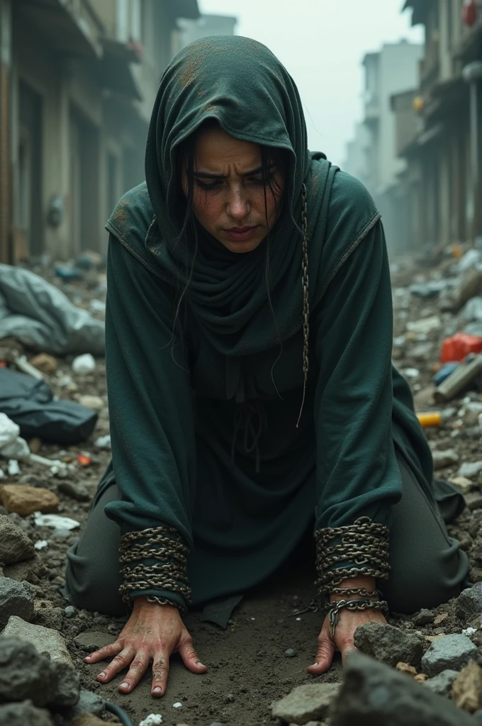 hijab crawling, chained and shackled in garbage, humiliation, (restrained:1.2), (dirty body), (tears)