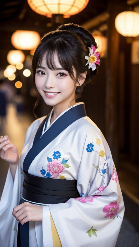 (Super beautiful woman in kimono)、((highest quality、8K masterpiece:1.3))、sharp focus:1.2、(super beautiful face:1.0)、(shiny skin:1.0)、realistic pictures、black hair、video lighting、High resolution eyes and face、video lighting、japanese actress、from the front、with a happy smile、whole body、wearing a kimono、in Kyoto、(luxury obi)、with a fan、Fireworks Display